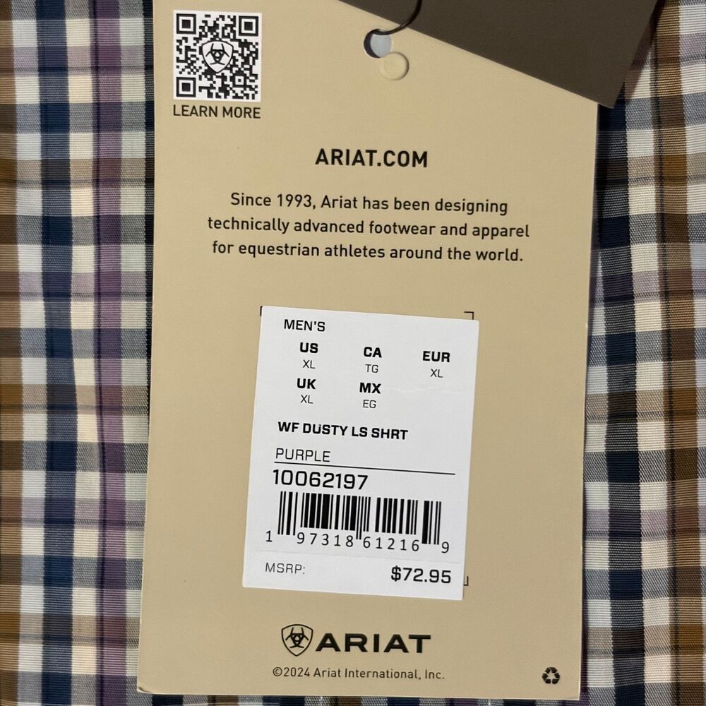 NWT Ariat Shirt Mens XL Purple Plaid Wrinkle Free Paisley Flip Cuff Button Down - Picture 11 of 12